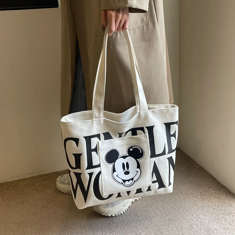 Disney 2024 New Large Capacity Canvas Bag Women\'s Trendy Cartoon Mickey Tote Bag College Student Class Shoulder Tote Bag