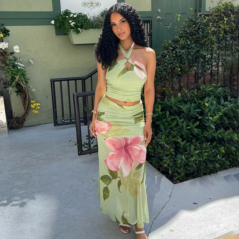 

Elegant Summer Boho Floral Print Halter Neck 2 Piece Party Outfits Women Ruched Crop Top + Bodycon Maxi Skirt Beach Vacation Set