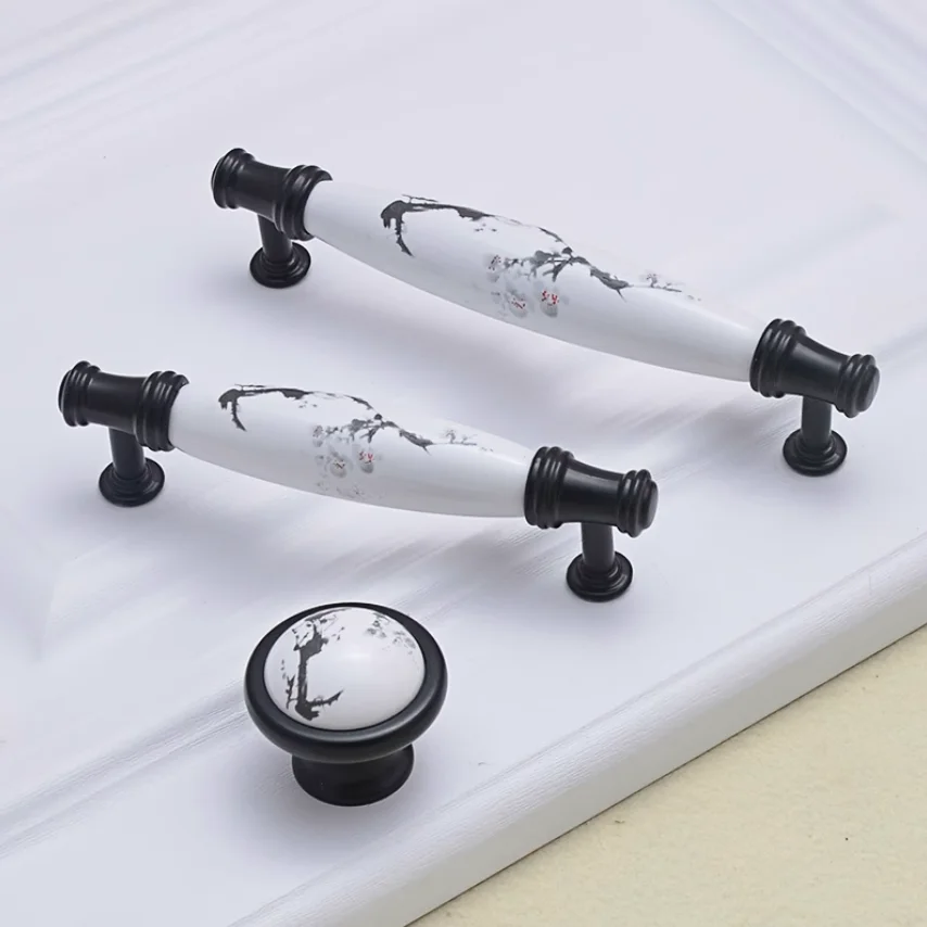 76 96 128mm Modern Simple Fashion Chinese Style Ink Painting Ceramics Wardrobe Cupboard Door Handle White Black Drawer Knob Pull