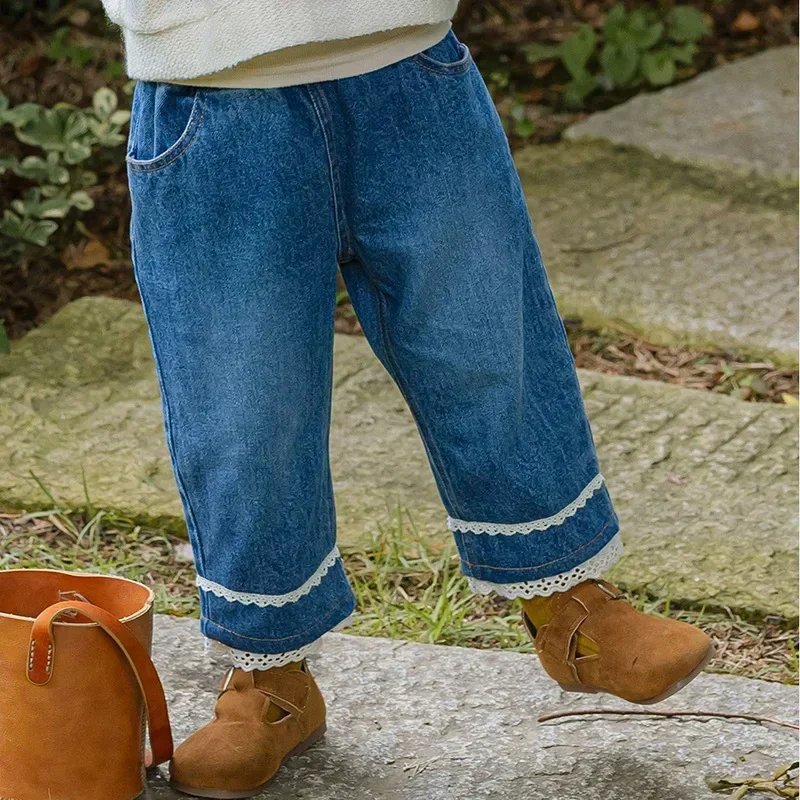 Pantalon large taille élastique pour enfants, jean droit pour filles, pantalon à bord fleuri, lavage, mode coréenne, automne, 2024