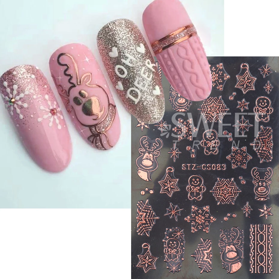 2pcs 3D White/Rose Gold Christmas Nail Sticker New Year Snowflake Decal Holographic Elk Gingerbread Man Slider Manicure Decor