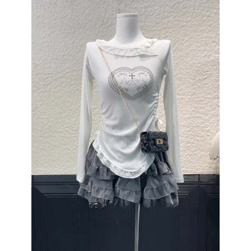 Japanese Kawaii Two Piece Set Women Sweet Rabbit Print Cute Skirt Suit Female Korean Slim Tops＋Princess Cake Skirt Autumn New