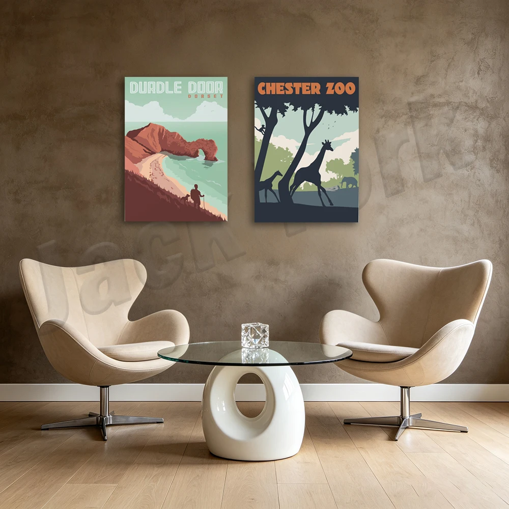 Travel posters for Copenhagen, Sydney, Berlin, ChinaHong Kong Buddha, Durdle Door, Chester Zoo, Kyoto Japan, Yorkshire Coast USA
