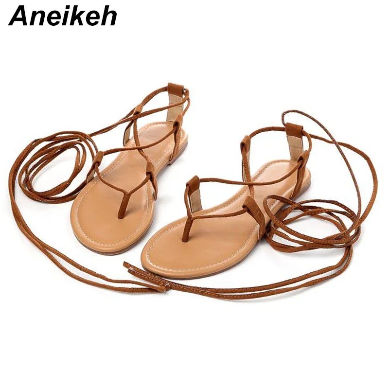 Aneikeh 2024 Summer Roman Flip flops Sandals Multiple Cross-Strap tall knee high Bondage Thong Designer Faux Suede Women Sandals