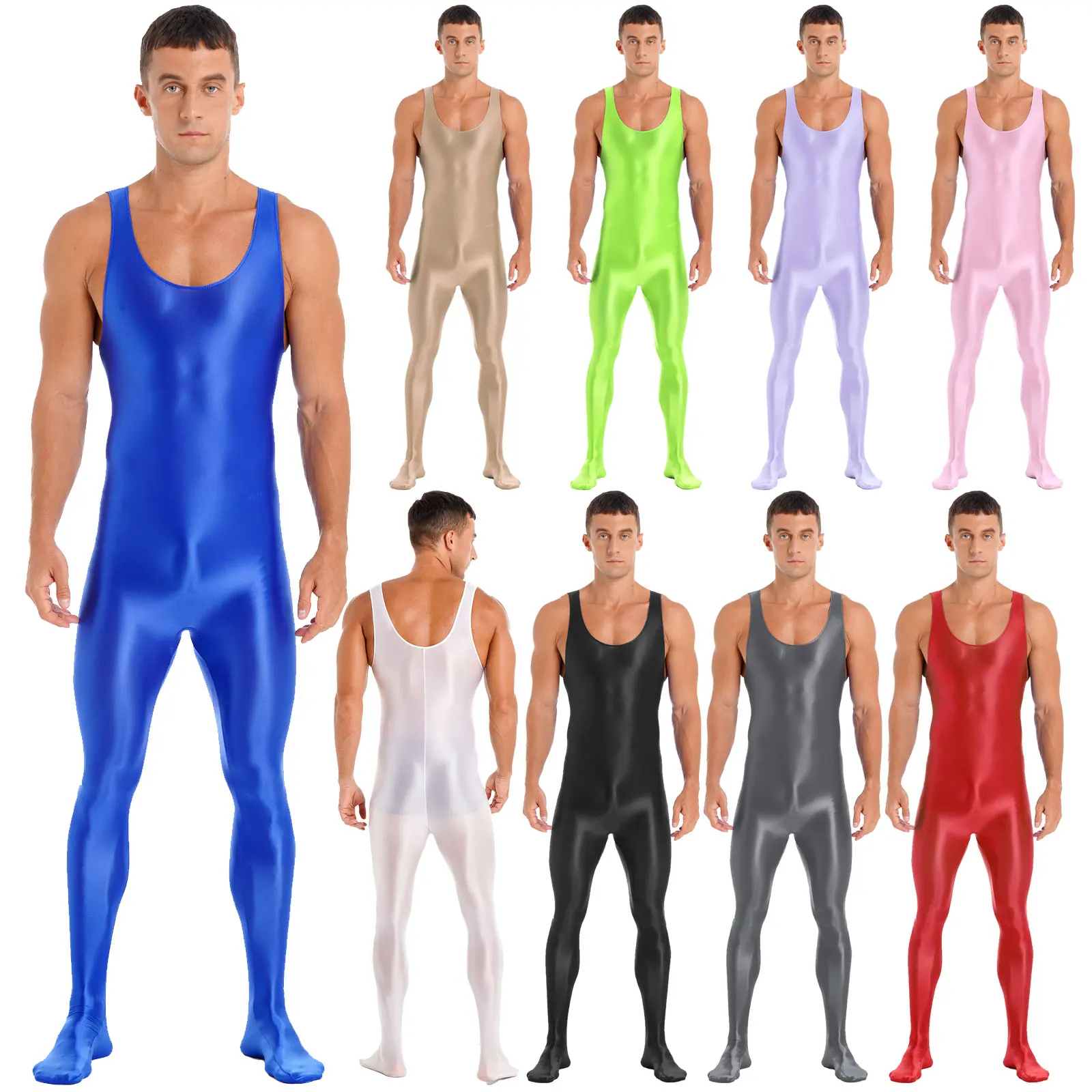 Men Glossy Bodystocking One-piece Nightwear Sleeveless Solid Bodysuit Bottoming Jumpsuit Fitness Workout Sportswear Swimwear