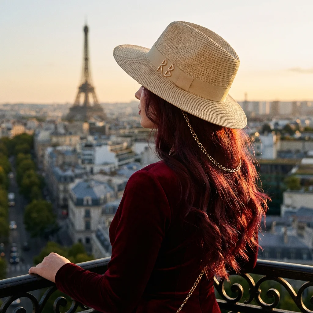 Womens Boho Straw Hat Fedora Wide Brim Beach Cap with RB Monogram Chain Strap Summer Outdoor Hat Festival Travel Sombrero Paper