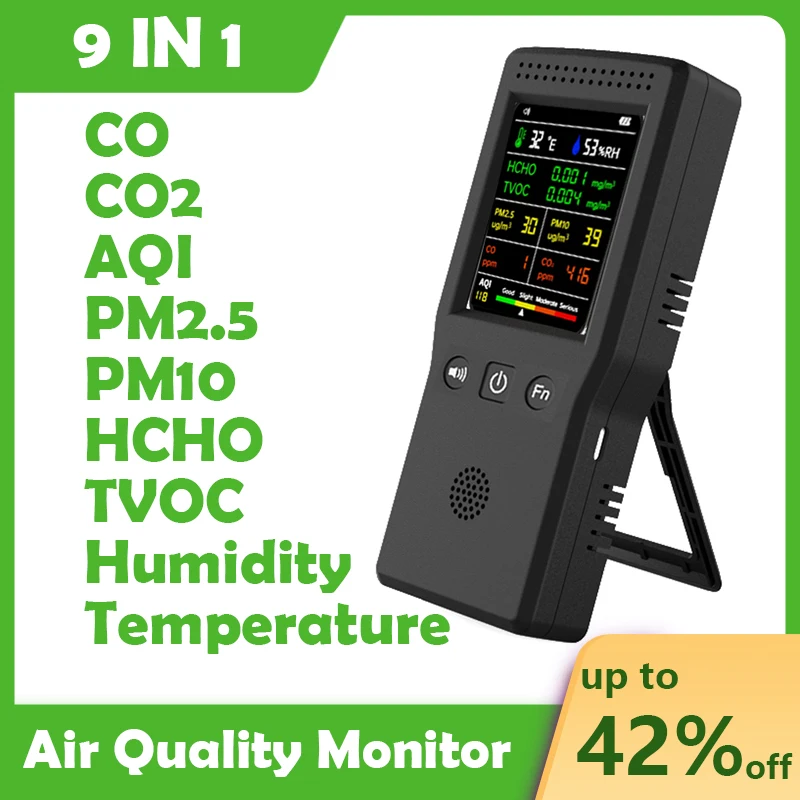 

9 In 1 Temperature Humidity Co2 Meters Air Quality Detector PM2.5 PM10 HCHO TVOC CO CO2 AQI with Backlight LCD Color Display