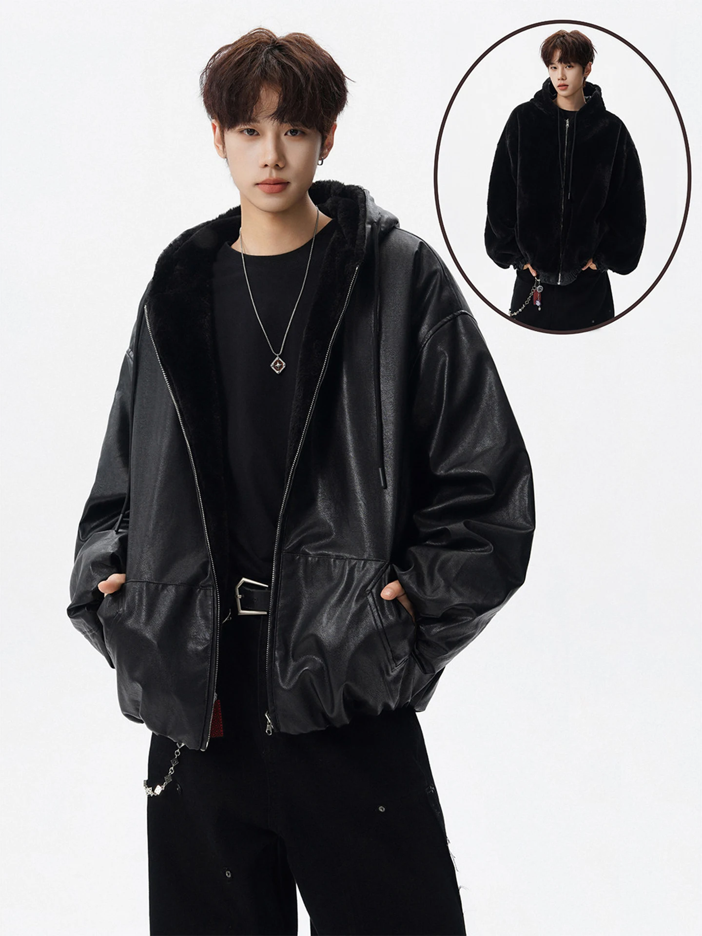 

Trendy Bla Hooded Double-Sided Wear Men's Cotton Jaet Winter Loose Warm Casual Motorcycle Jaet Poly Fiber Filled Youth