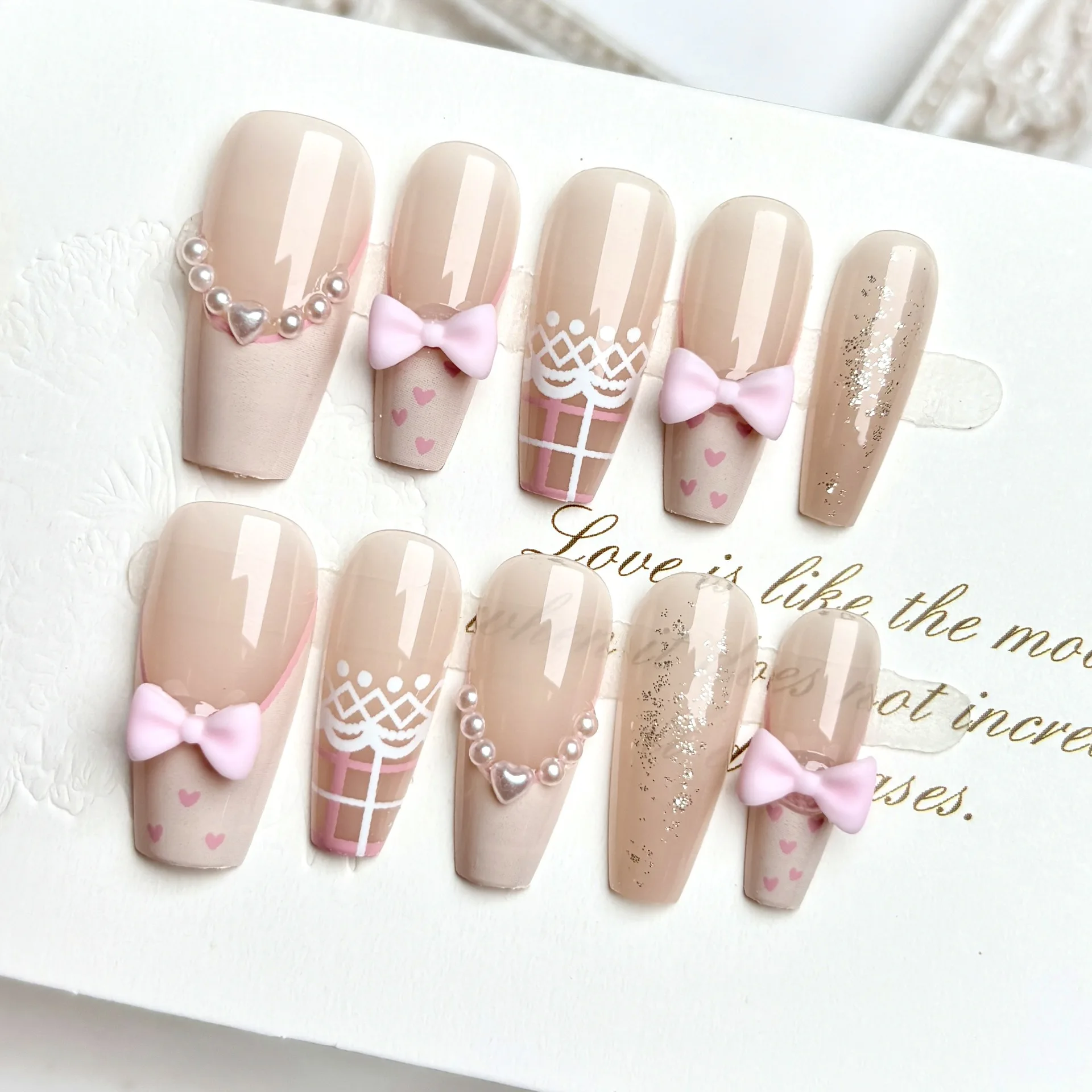 

24PCS Elegant Pink Coffin Press on Nails with Bow Lace Heart Design Pearl Heart Glitter False Nails Sweet French Style Manicure