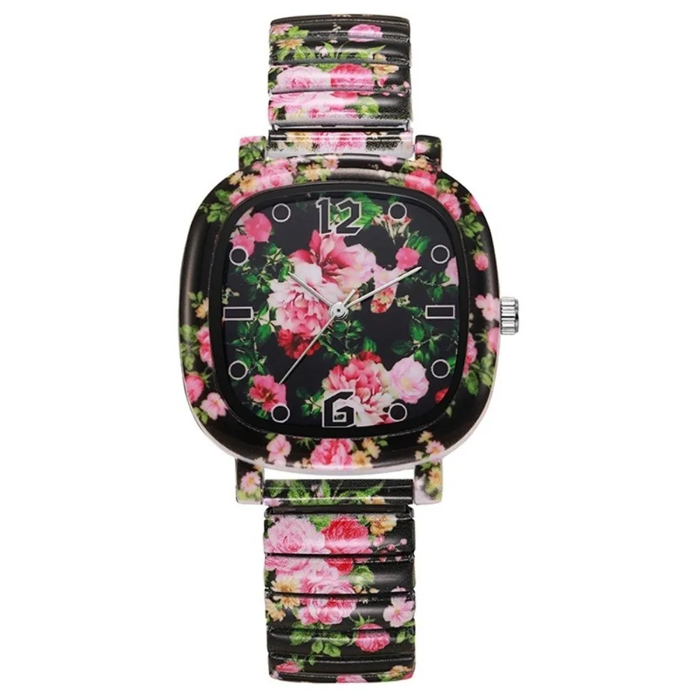 Stainless Steel Quartz Bracelet Watch Elastic Floral Printed Square Wristwatch Colorful Rainbow Gradient Stretch Strap Watch