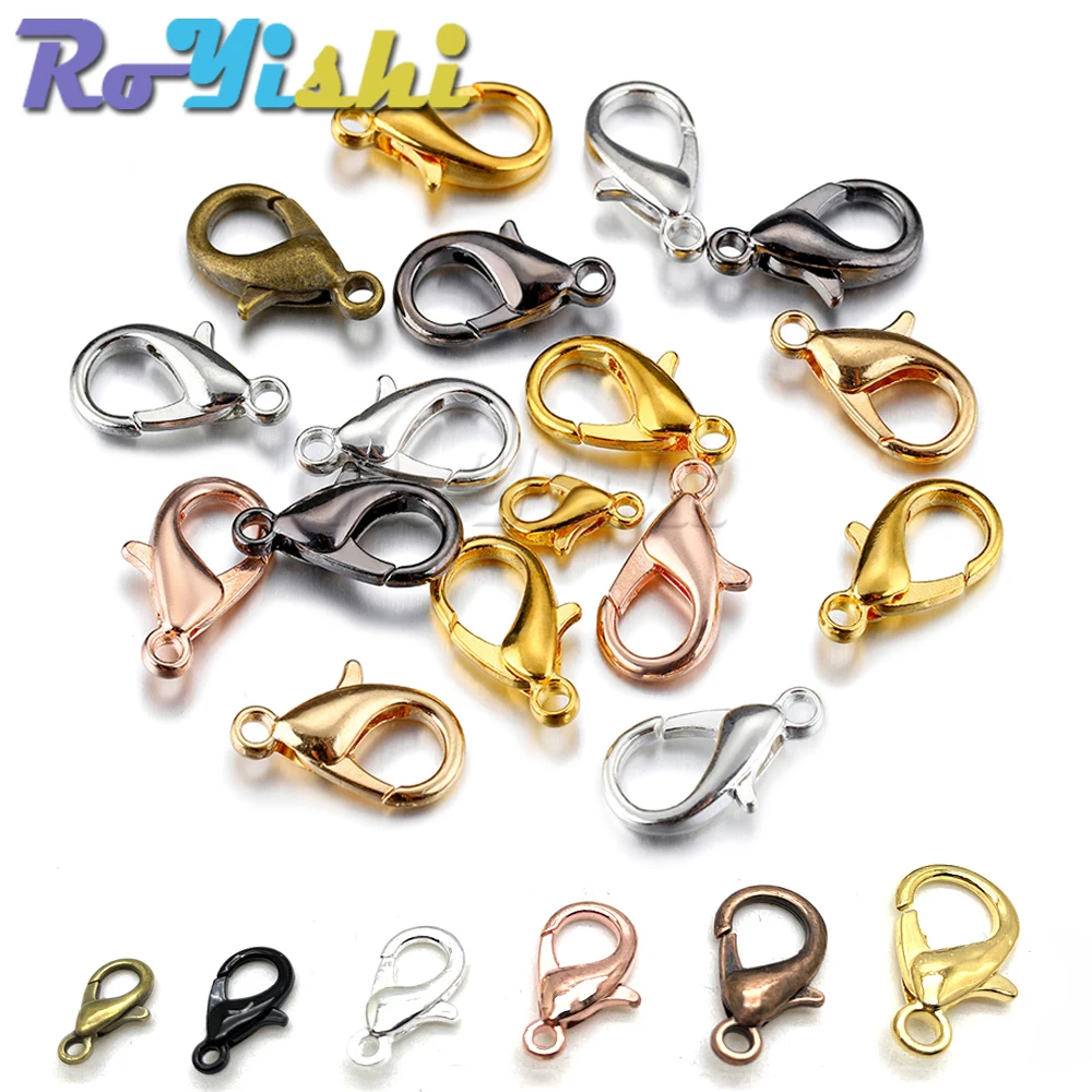 50 Pcs/Pack 10mm-21mm 9 Colors Plated Fashion Jewelry Findings Alloy Lobster Clasp Hooks for Necklace&Bracelet Chain DIY