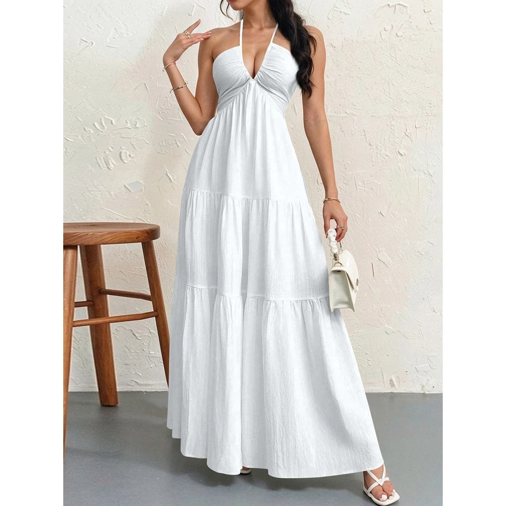 

Halter Maxi Dress Deep V Neck Backless Tiered Ruffle Long Dress with Bow Back Cutout Beach & Party Sundress