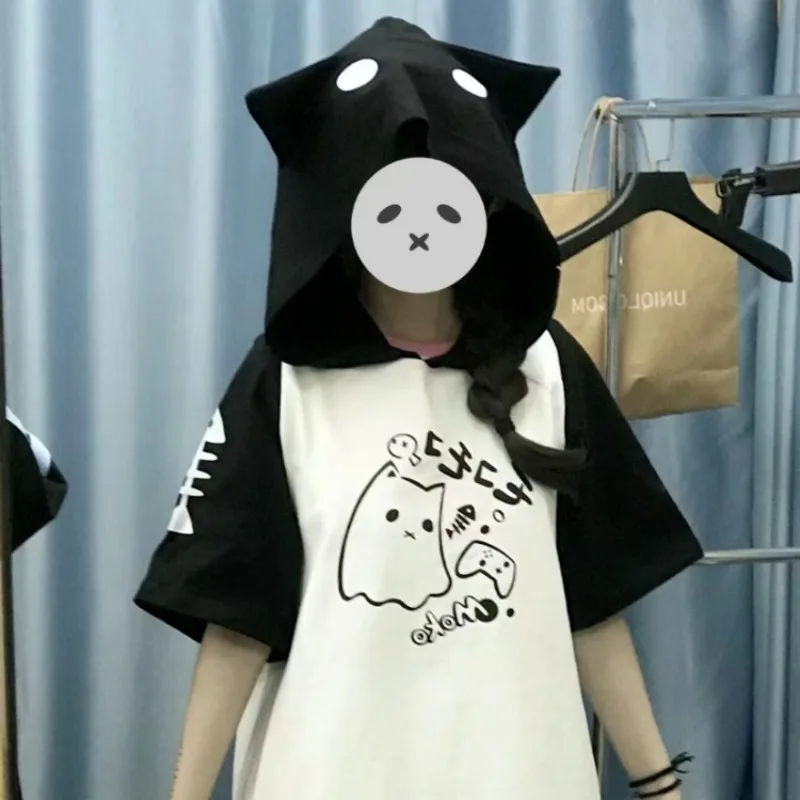 Korean Kawaii Cat Ears Hoodie Tops Women Y2k Short Sleeve Sweatshirts T-shirts 2024 Summer New Mid-length Loose Pullovers