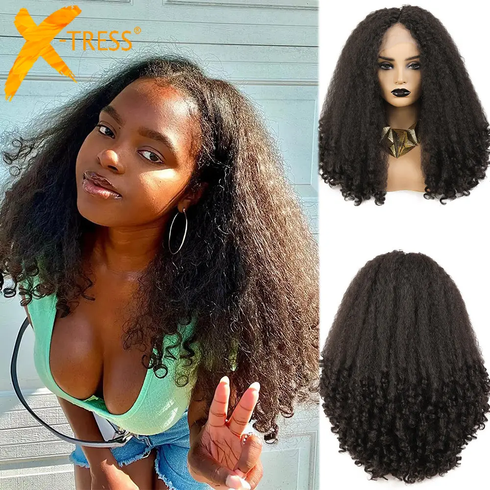 

X-TRESS Lace Front Wig Synthetic Kinky Straight with Curly Ends Long Afro Wigs for Black Women Fluffy Bouncy Hair Wig Dark Brown