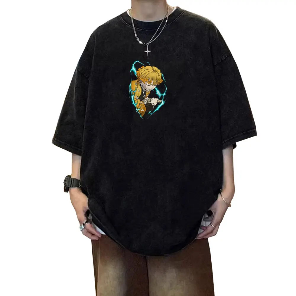 

Washed Vintage Anime Demon Slayer Agatsuma Zenitsu Graphic T Shirts Men Women's Cartoon Fashion Oversized Short Sleeve T-shirts