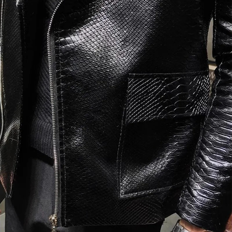 New Crocodile Patterns Leather Jacket men\'s solid lapel Slim Fit PU Coats Casual Blazer Leather Jacket Motorcycle Outwear