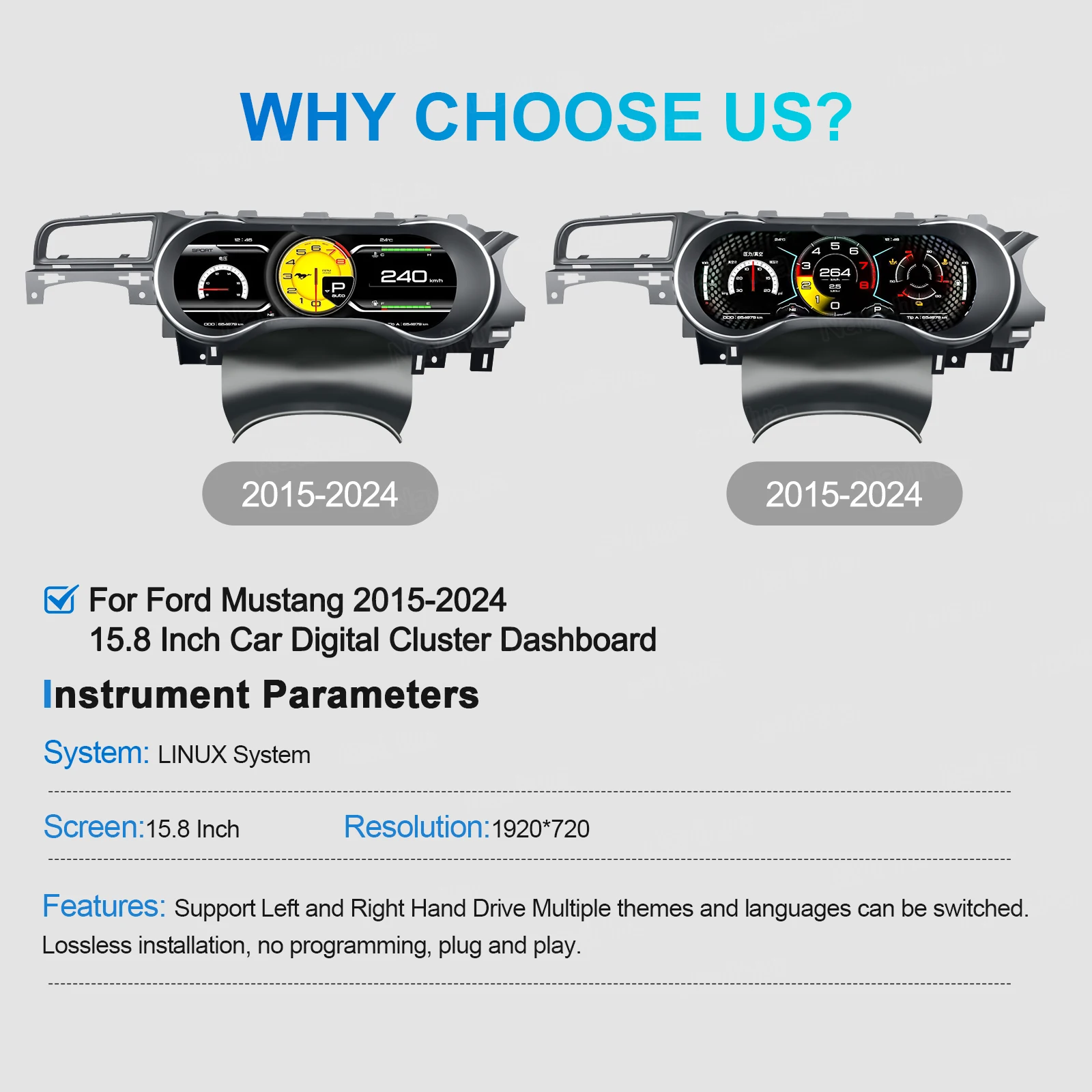 Navihua عداد السرعة التلقائي لوحة القيادة لينكس Vietual قمرة القيادة لفورد موستانج 2015-2024 LCD لوحة القيادة شاشة السيارة