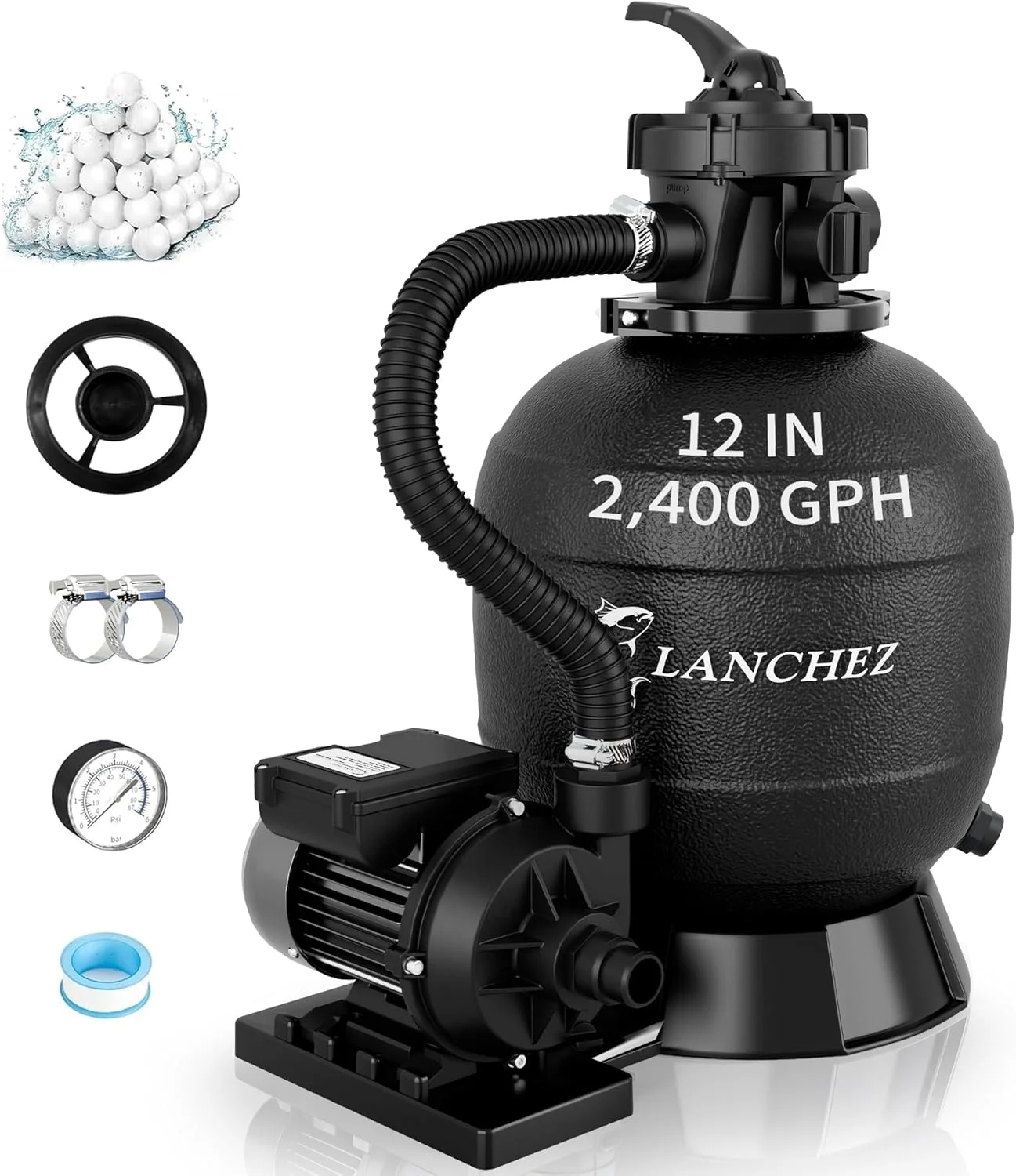 LANCHEZ Sand Filter Pump with 7-Way Valve for Above Ground Pool, Swimming Pool Filtration System