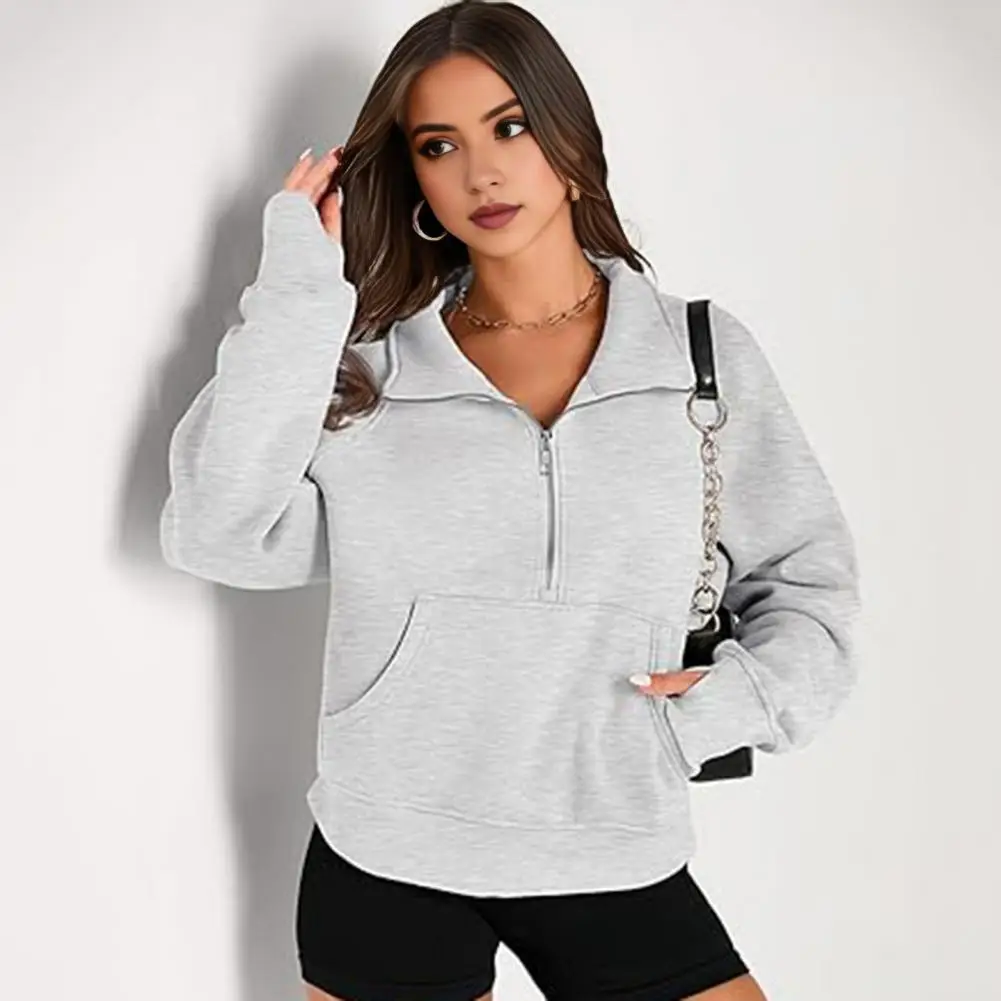 Fall Winter Sweatshirt Half Zipper Big Pocket Turn-down Collar Women Sweatshirt Long Sleeves Loose Thick Casual Sport Top