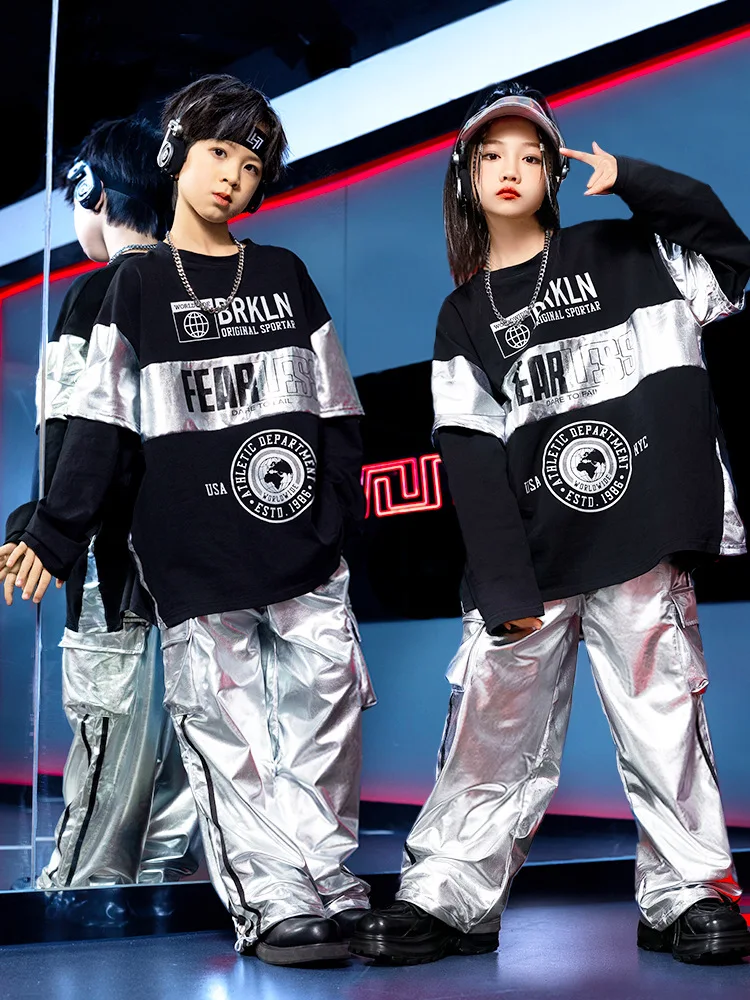 Kid Cool Hip Hop Clothing Black Letters Sweatshirt Silver Casual Wide Cargo Pants for Girl Boy Jazz Dance Wear Costumes Clothes