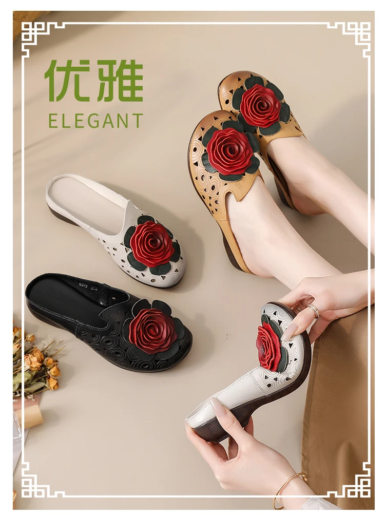 Neue große Blumen-Sandalen aus Rindsleder für Damen, Sommer-Mules mit Cut-Outs, niedrige Absätze, Retro-Luxus-Slipper-Sandalen, Slip-On-Schuhe für Damen – Detail 3