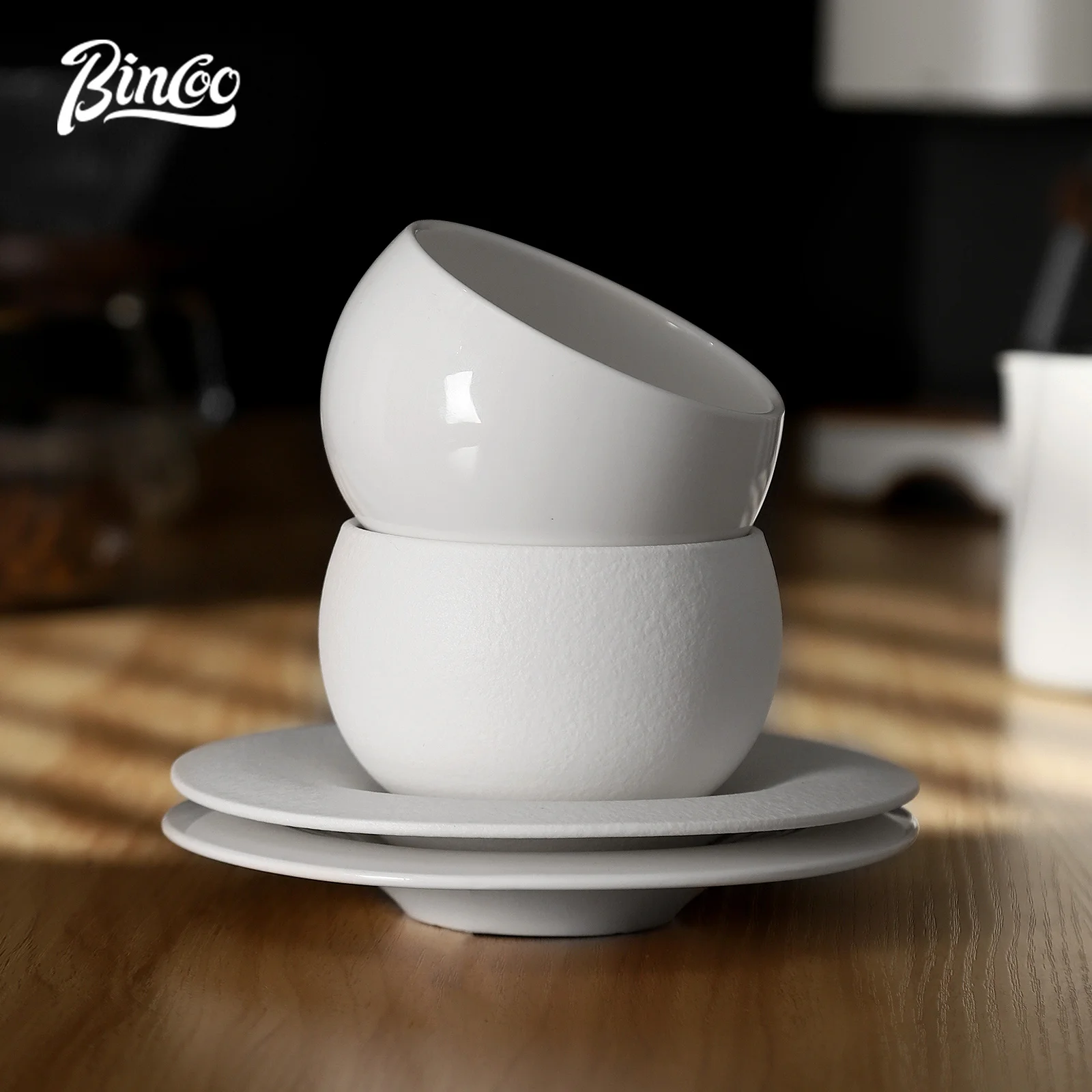 BINCOO 280ml Japanese-style Ceramic Coffee Mug White stone pattern Coffee Cup and Saucer Set Breakfast Milk Cup Egg-shaped Mug