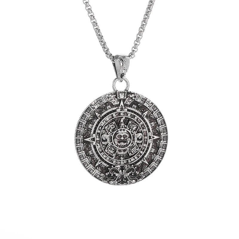 Retro Aztec Mayan Solar Calendar Pendant Necklace for Men and Women Punk Trend Sun God Lucky Amulet Jewelry Gift