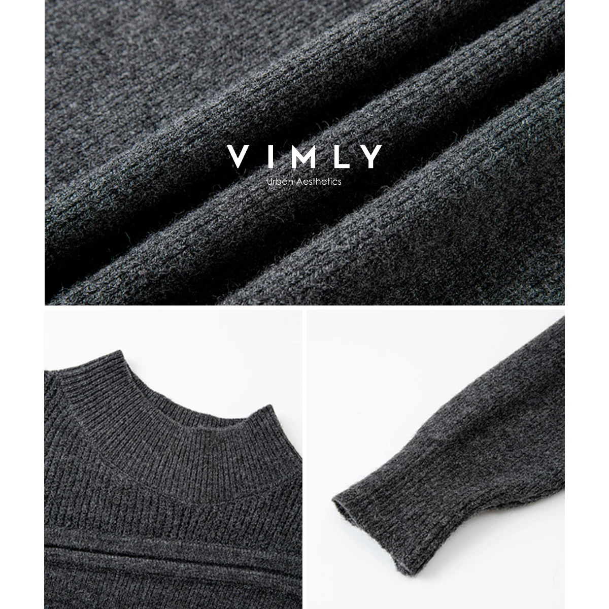 VIMLY Graue Kleider Frau Elegante 2025, Herbst Gestrickte Mock Neck Getäfelten Midi Dame Kleid Gerade Wolle Mischung Weibliche Kleider 75187