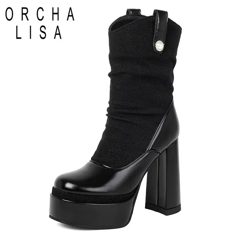 

ORCHA LISA 2025 New Design Female Mid Calf Boots Round Toe 13cm Block Heel 4.5cm Platform Slip On Big Size 41 42 Sexy Party Bota