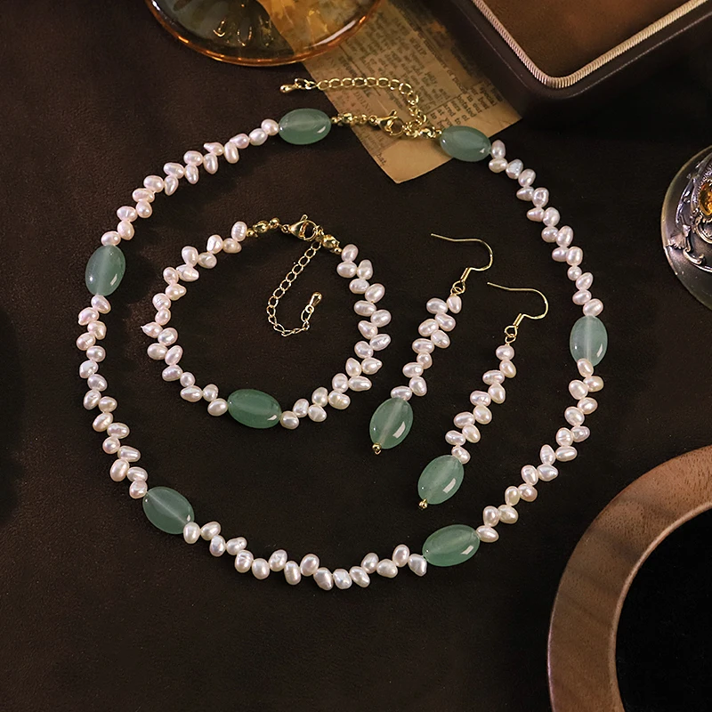 Natural Freshwater Pearl Green Natural Stone Jewelry Set for Women Daily Wedding Dainty Pearl Jewelry Set Minimalist Jewelry