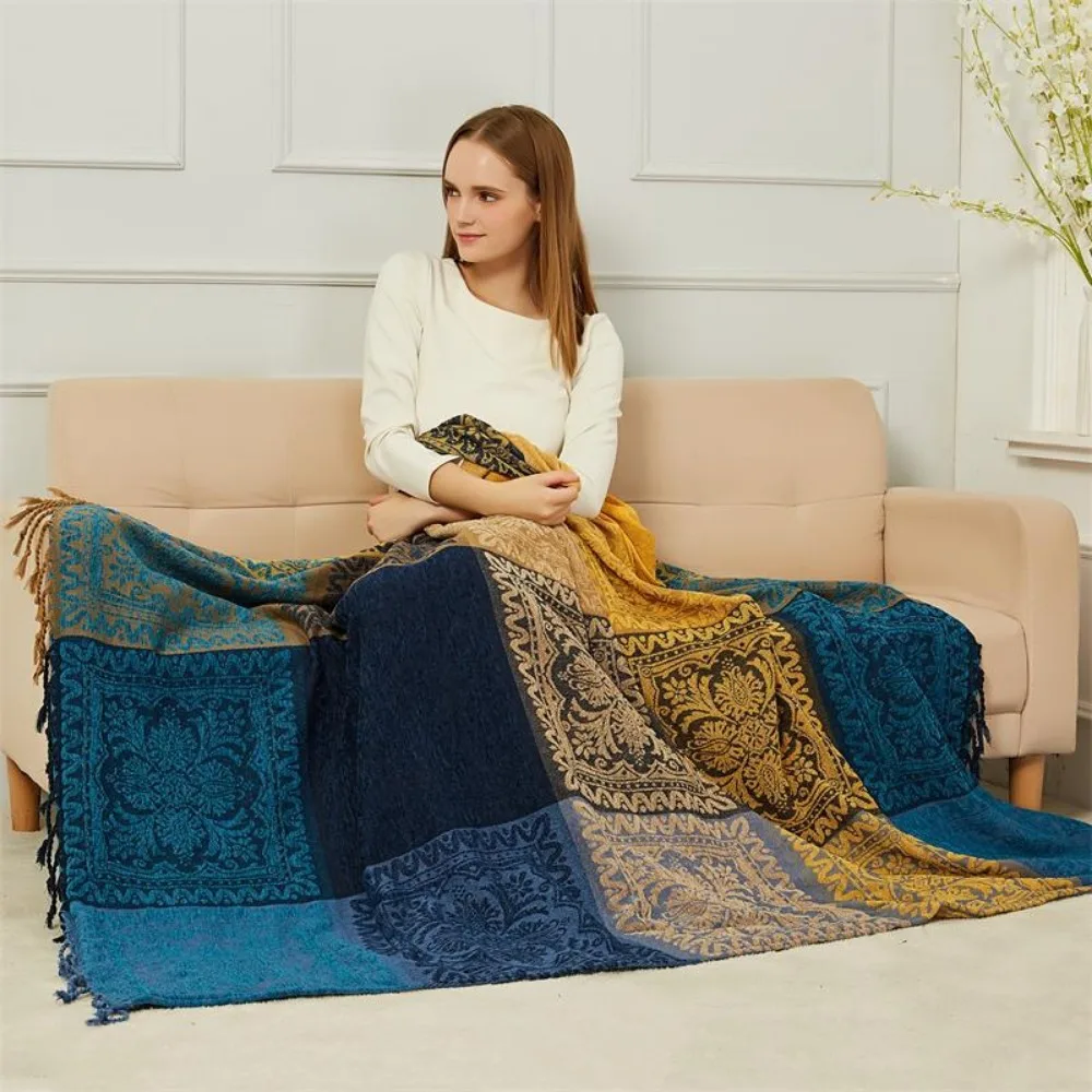 Boho Bohemian Throw Blankets Large Chenille Jacquard Couch Blanket Colorful Plaid Tassels Decorative Soft Chair Sofa Throw Cover