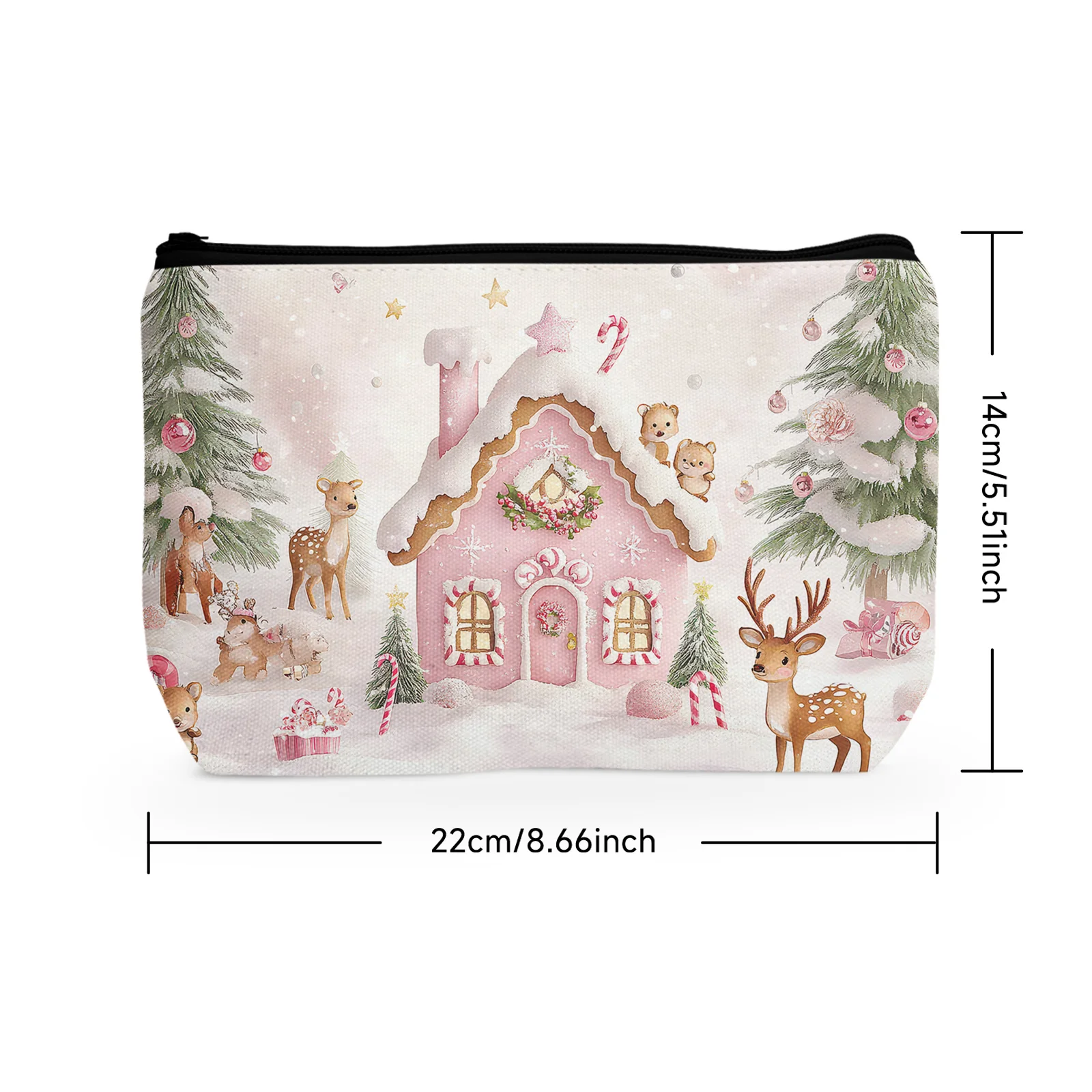 1Pc Christmas Backdrop Cosmetic Bag Pink Gingerbread Candyland House Christmas Scene Xmas Holiday Party Cosmetic Bag