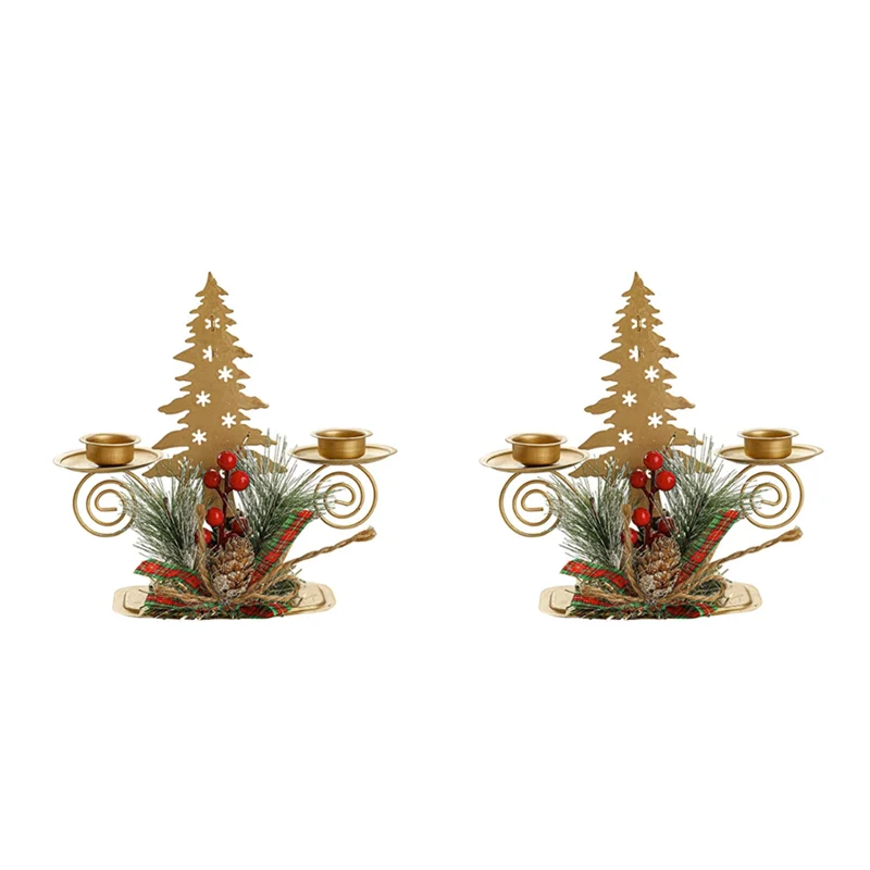 ABBN-2PCS Gold Christmas Tree Pillar Candle Holder With Berry & Pine Nut Candle Holder For Holiday Desktop Decor Metal Decor