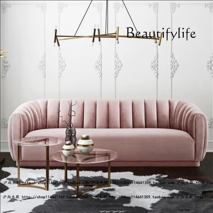 

Flannel Solid Wood Three-Seat Sofa Post-Modern Pleated Pull Back Reception Sofa