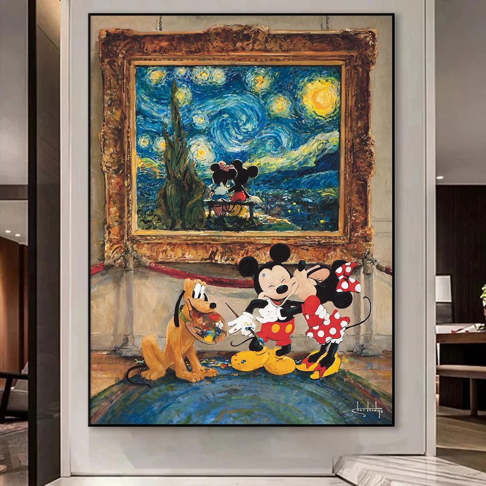 Mickeys Minnie Love Painting Mouse Starry Vincent Van Gogh Poster Wall Art Canvas Print Living Room Bedroom Home Decor Cuadros