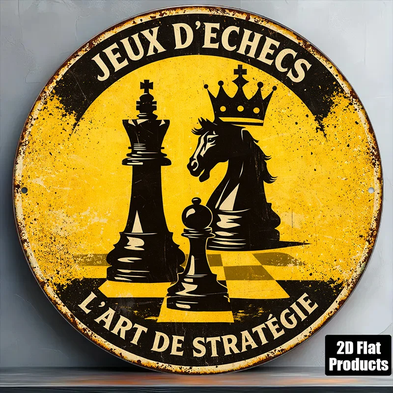 2D Flat  Round Sign Vintage Chess-Themed Plaque Chess Art Decorative Sign Suitable for Living Room Decor Study Decor Bar Decor