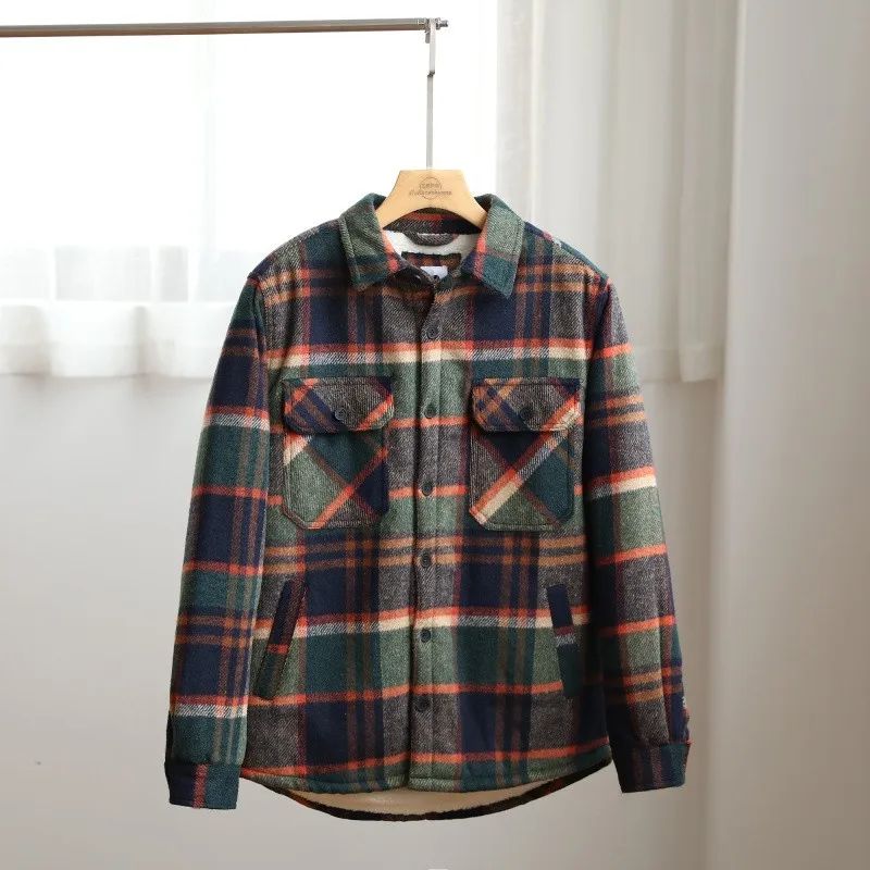 肥厚ラムベルベットジャケットコートチェック柄カップルマッチング秋冬アウター長袖シャープカラー標準フィット