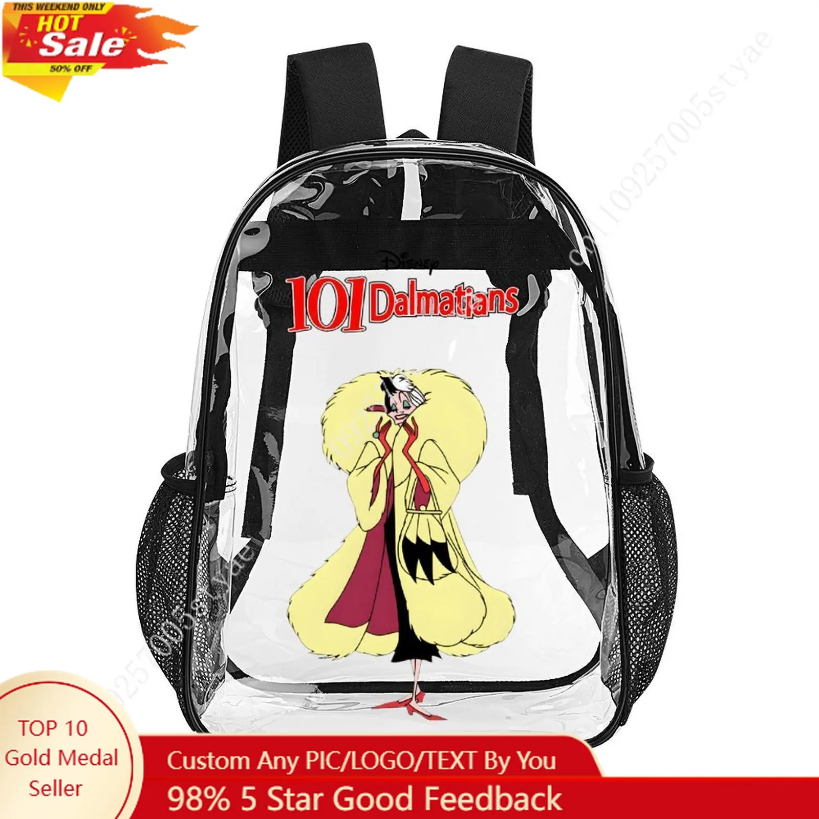 

Cruella de Vil Transparent Backpack Disney Cartoon Decorative Bag Design Photo Logo Text Customized Party Holiday Gift Cosplay