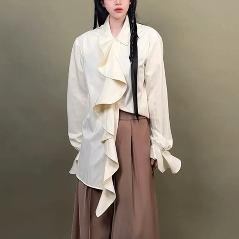 HKSH Women Chic Shirt Ruffled Single Breasted Long Sleeves Versatile French Elegant Fashion Blouse Sweet Tops New Spring HK20320