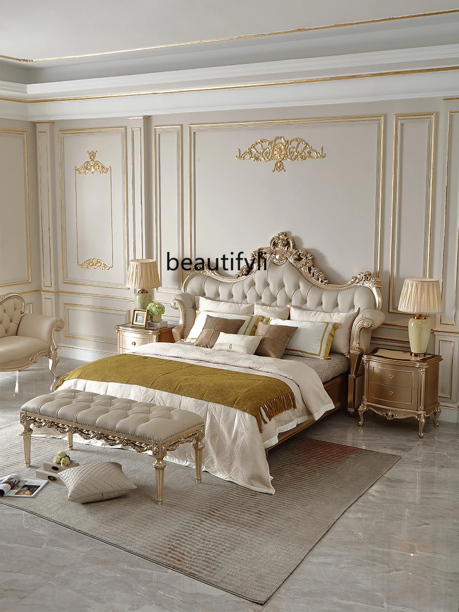 French Solid Wood Leather Bed European Style Handmade Carved Villa Master Bedroom Double Marriage Bed