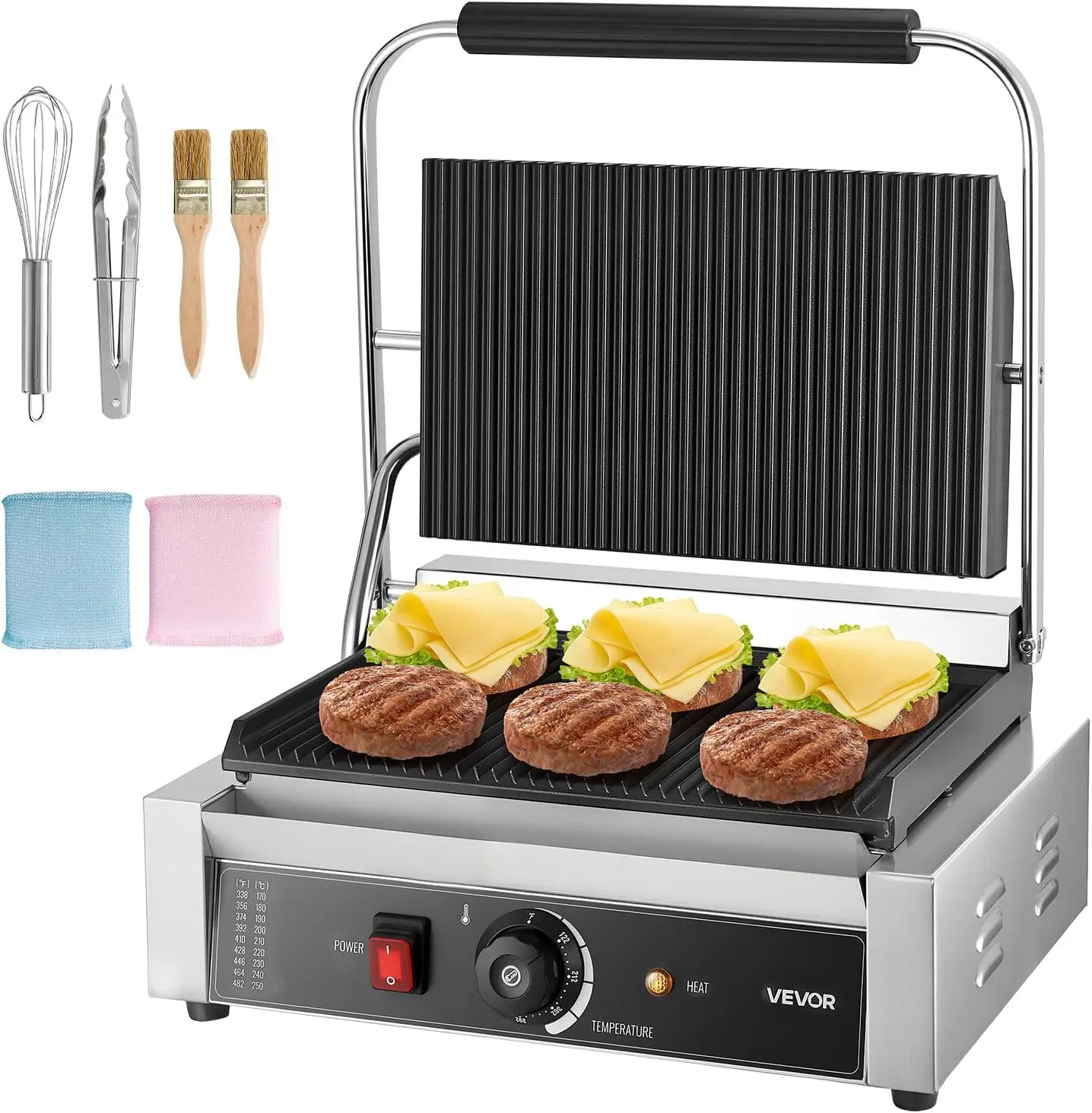 Commercial Panini Grill, 1800W Electric Sandwich Panini Maker, Stainless Steel Sandwichs Press with Handle and Temp Control, 13.