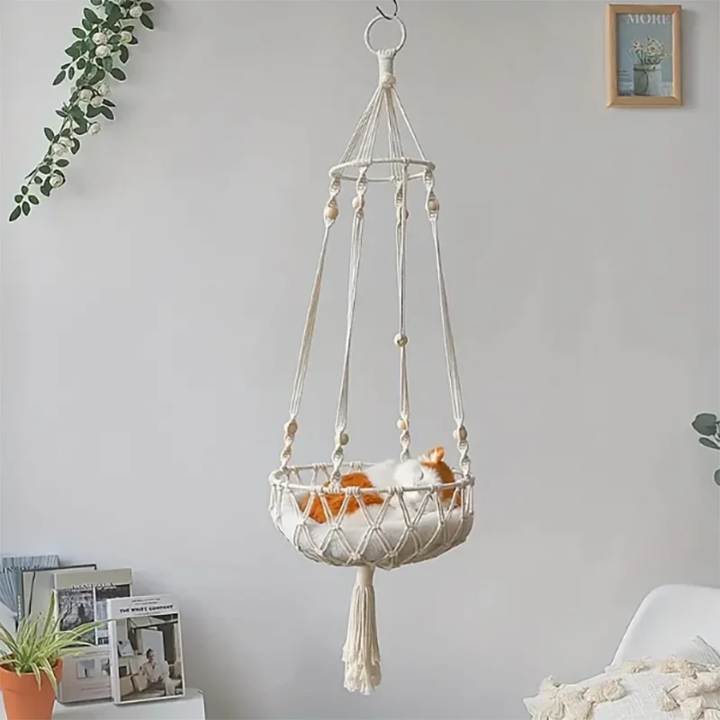 Hanging cat swing bed, woven rope cat hammock basket, comfortable pet cradle pet cat bed, suitable for indoor cats