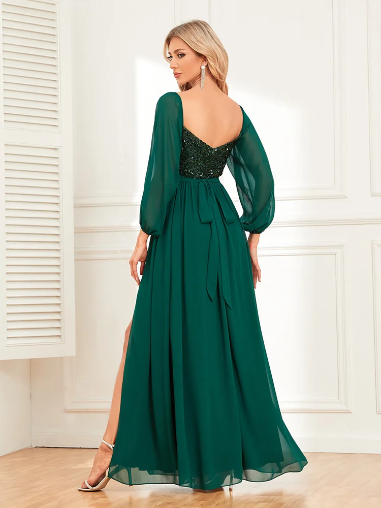 Sexy Vintage Maxi Sequin Summer Dress Women Chiffon One Shoulder Patchwork Sequin High Slit Sexy Green Lace Dress Luxury