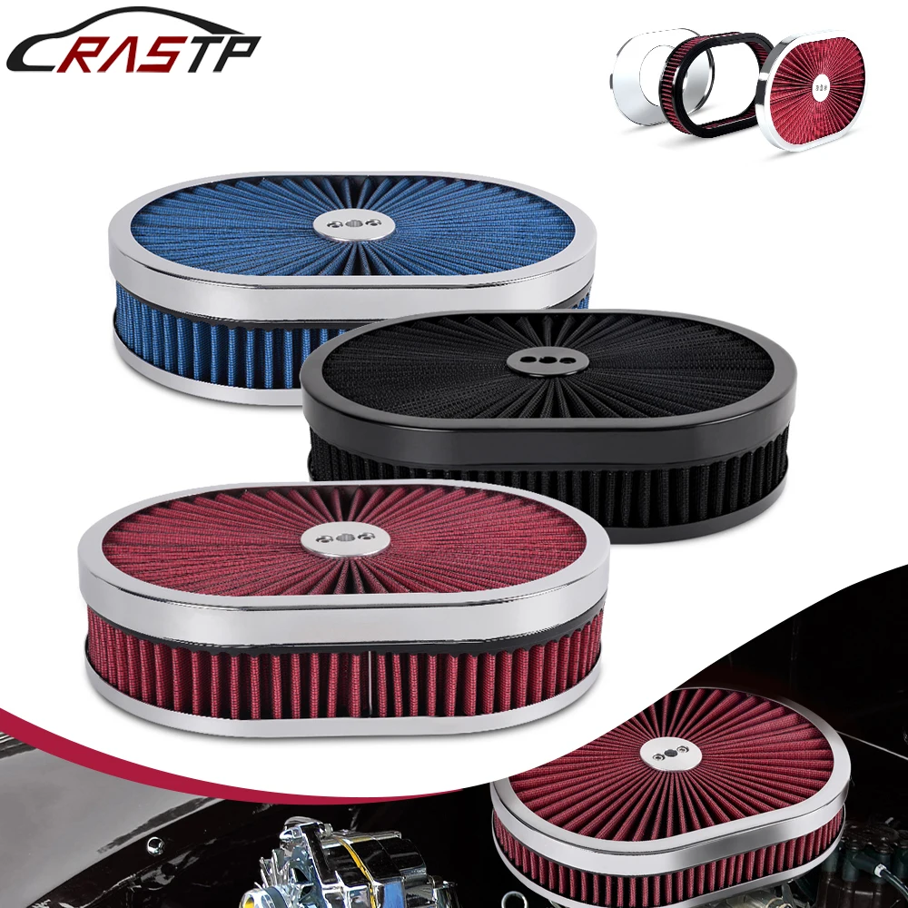 

New High Flow Chrome 12"x2" Oval Air Cleaner Filter Assembly 5-1/8" Carb Neck w/ Flow-Thru Lid for GMC Chevy Ford Chryler Dodge