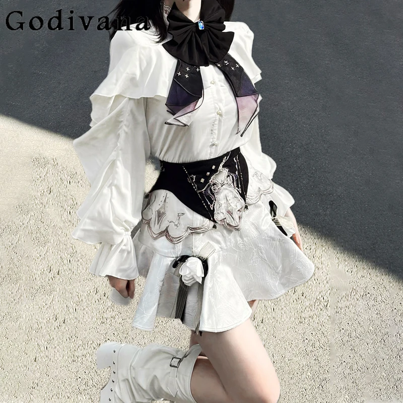 

Japanese Style Subculture Outfit Women Original Lolita Shirt Short Long Skirt Suits Female Bow Collar Elegant Skirt Set