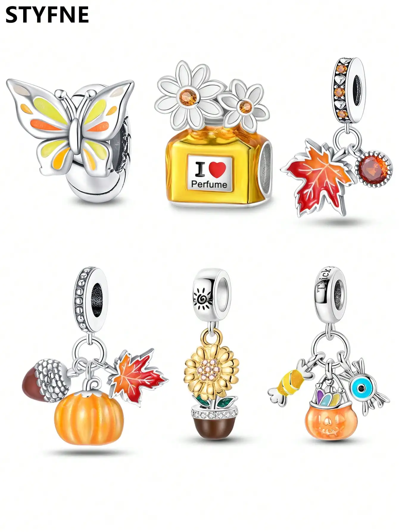925er Silber vergoldet, Original-Charms, Gänseblümchen, Parfümflasche, Ahornperlen, passend für Armbänder, Damenschmuck, Geschenk