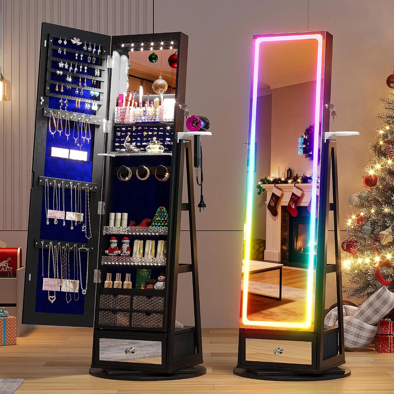 Jewelry Cabinet with LED Mirror 360° Swivel Remote Control RGB Lighting Storage Shelves Drawer, Customized