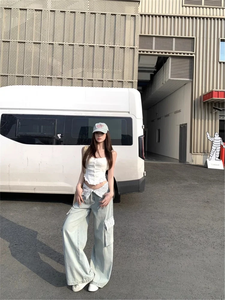 بنطلون جينز نسائي واسع الساق بتصميم فضفاض مع تطريز دانتيل، موضة خريف 2025 الجديدة #4