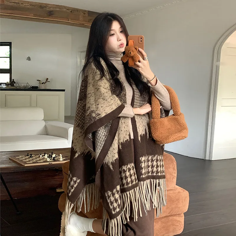 

Womens Ink Painting Print Knit Fringe Scarf Cloak Shawl Winter Warm Bestseller Luxury Premium Outerwear