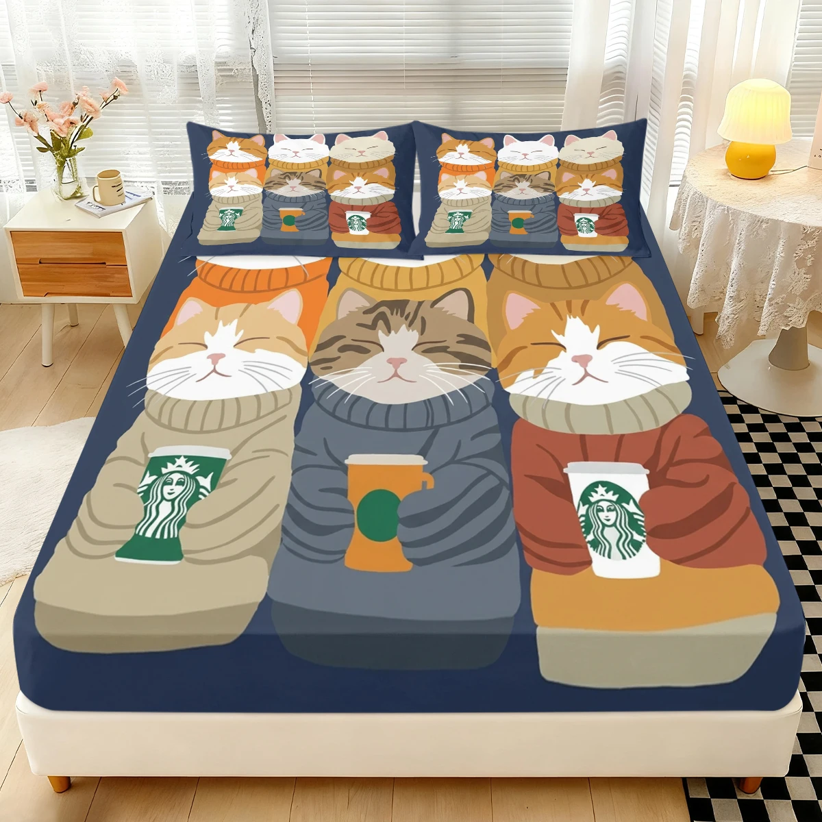 

Cozy Winter Sweater Cat Fitted Sheet 3PCS, Three Cute Kitten Coffee Cup Pattern Elastic Mattress Cover with Pillowcases